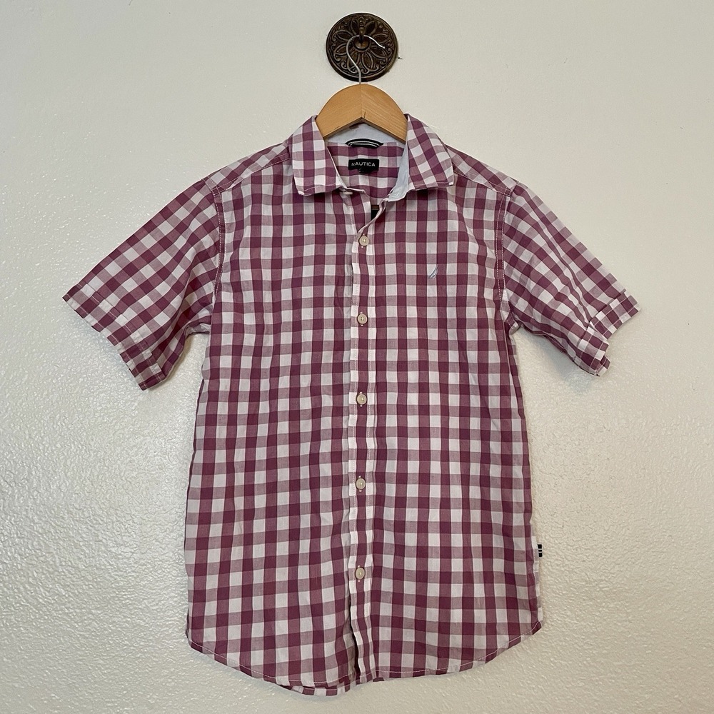 Nautica Short Sleeve Plum And White Button Up Youth Size 10/12